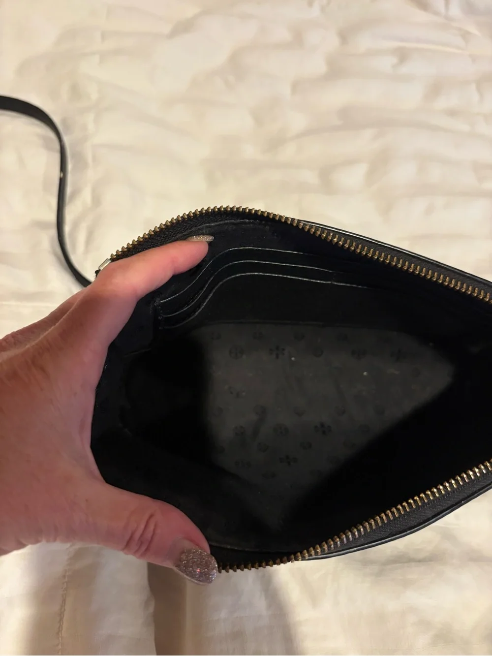 Tory Burch Black Pebble Leather Crossbody Small Bag With Gold Zipper